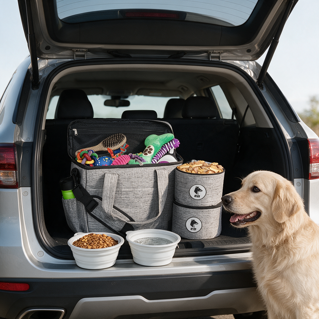 Dog Travel Organizer Kit packed for a road trip