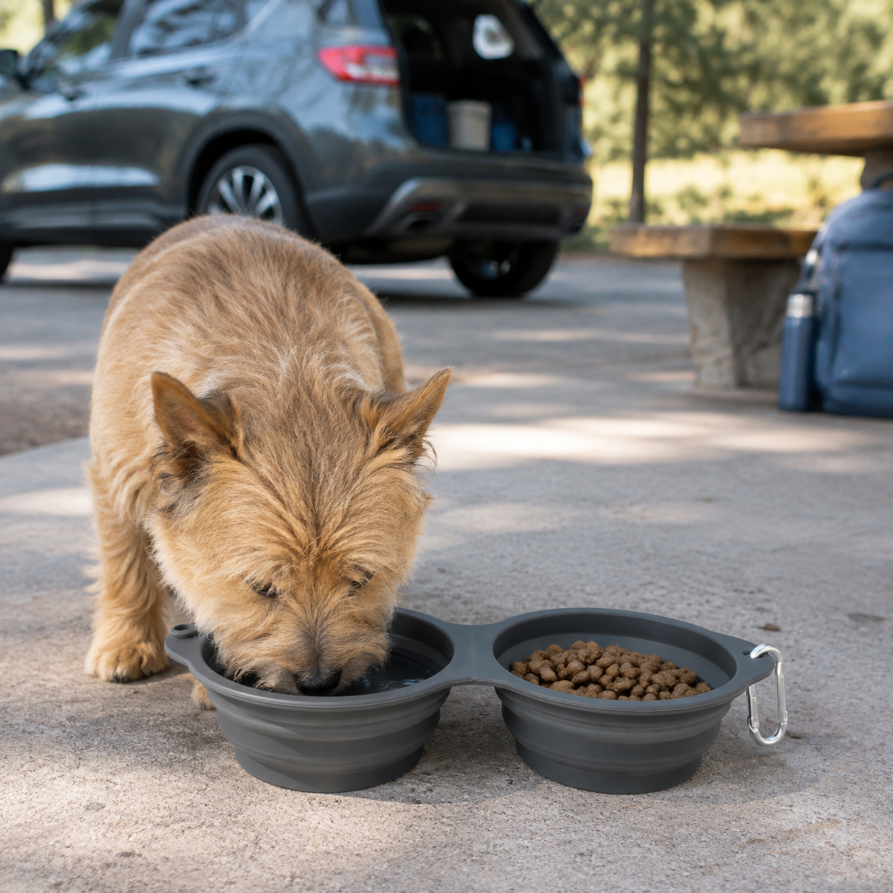 Double Collapsible Travel Bowls in use