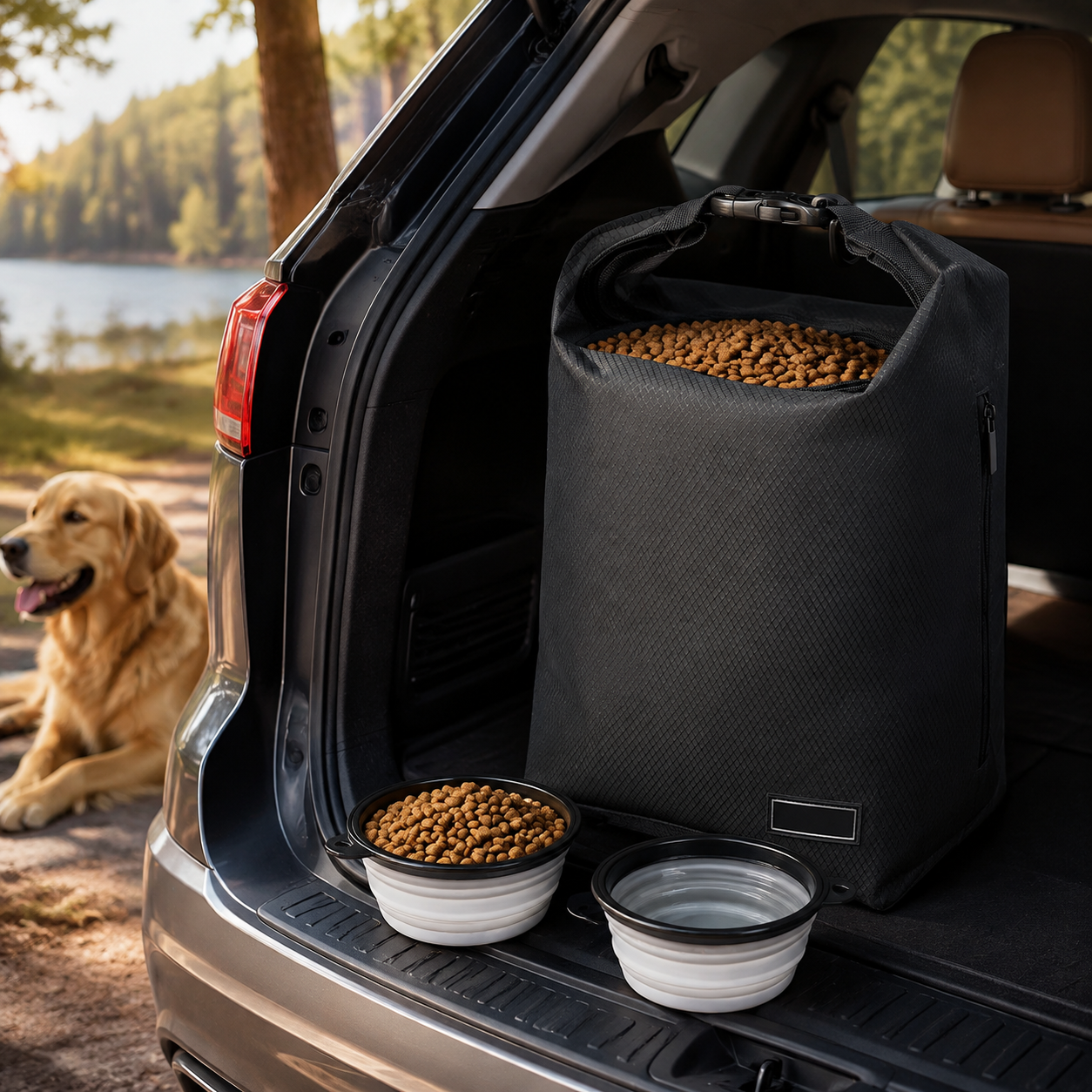 Pet Food Travel Storage Bag packed for a road trip