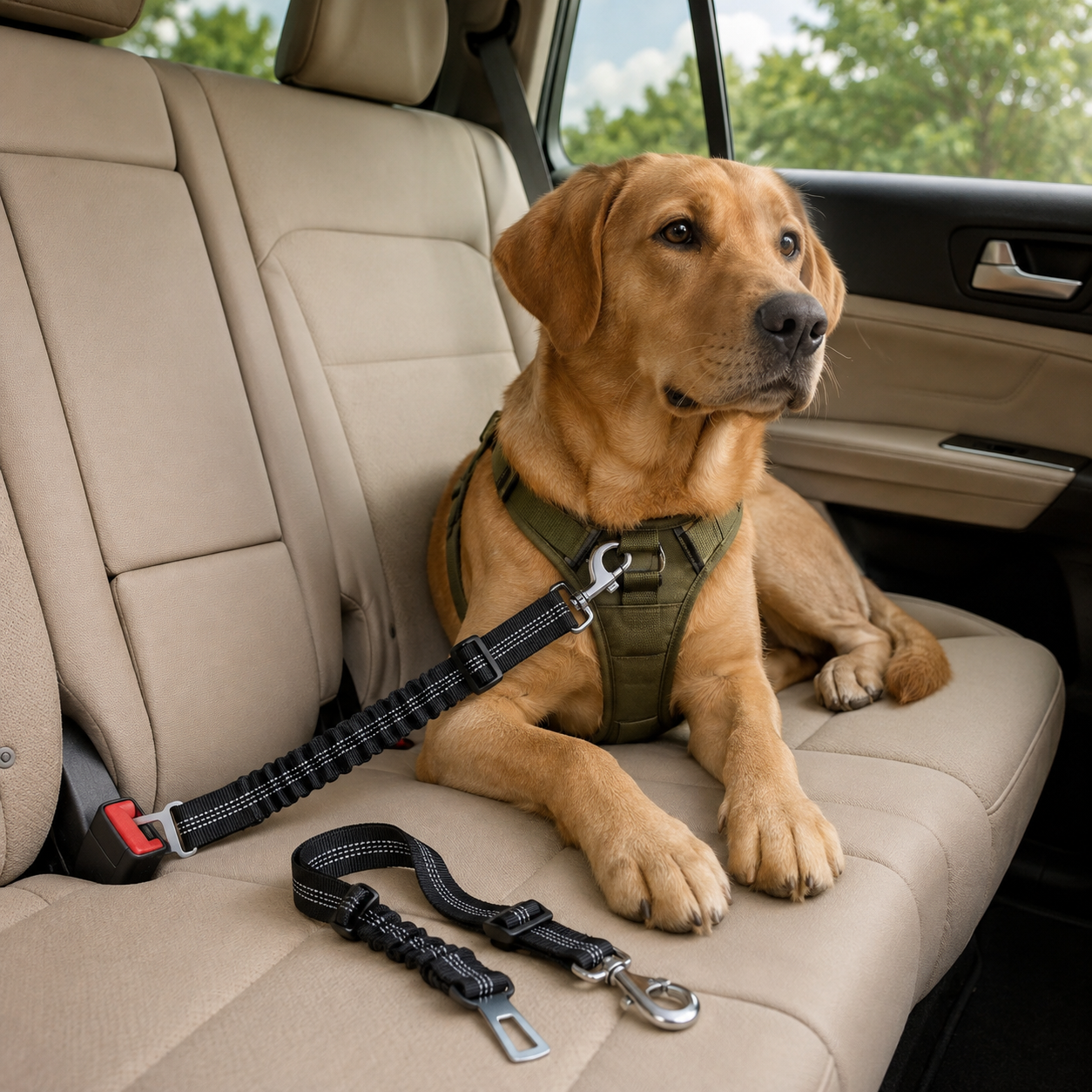 Elastic Pet Car Seat Belt in use with a harness