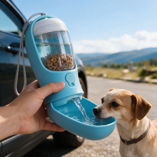 2-in-1 Pet Travel Water and Food Bottle in use