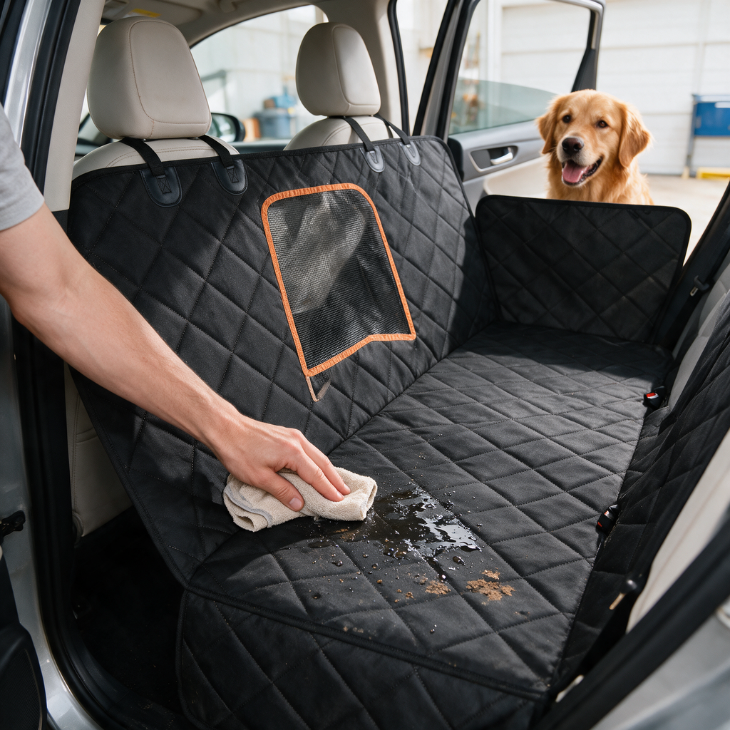 Water and muddy paw marks being wiped from the waterproof dog car hammock