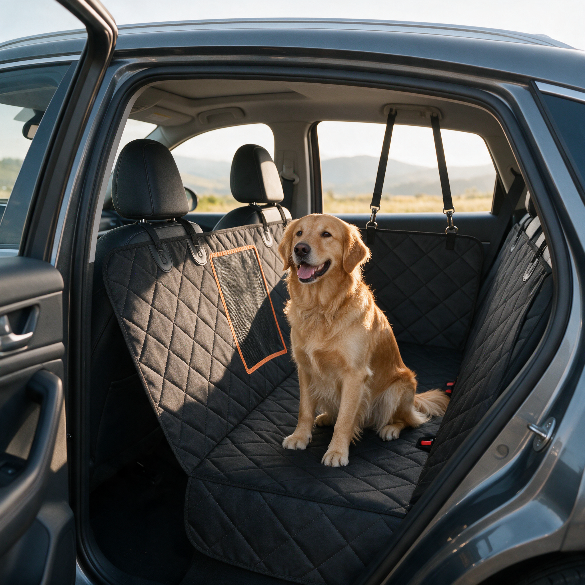 Golden retriever riding comfortably on the Haven & Mile waterproof dog car hammock