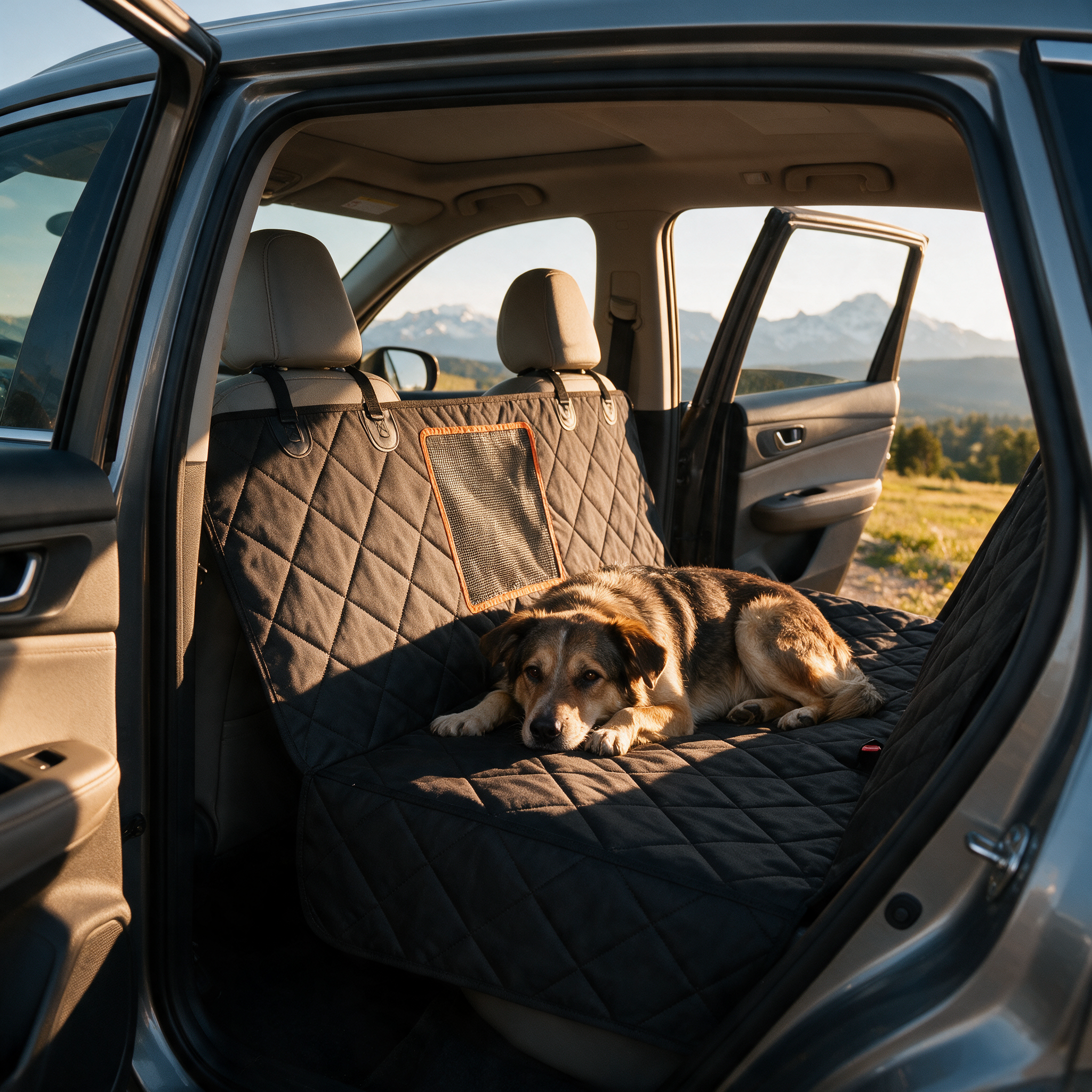 Dog resting comfortably on the waterproof car hammock during a road trip