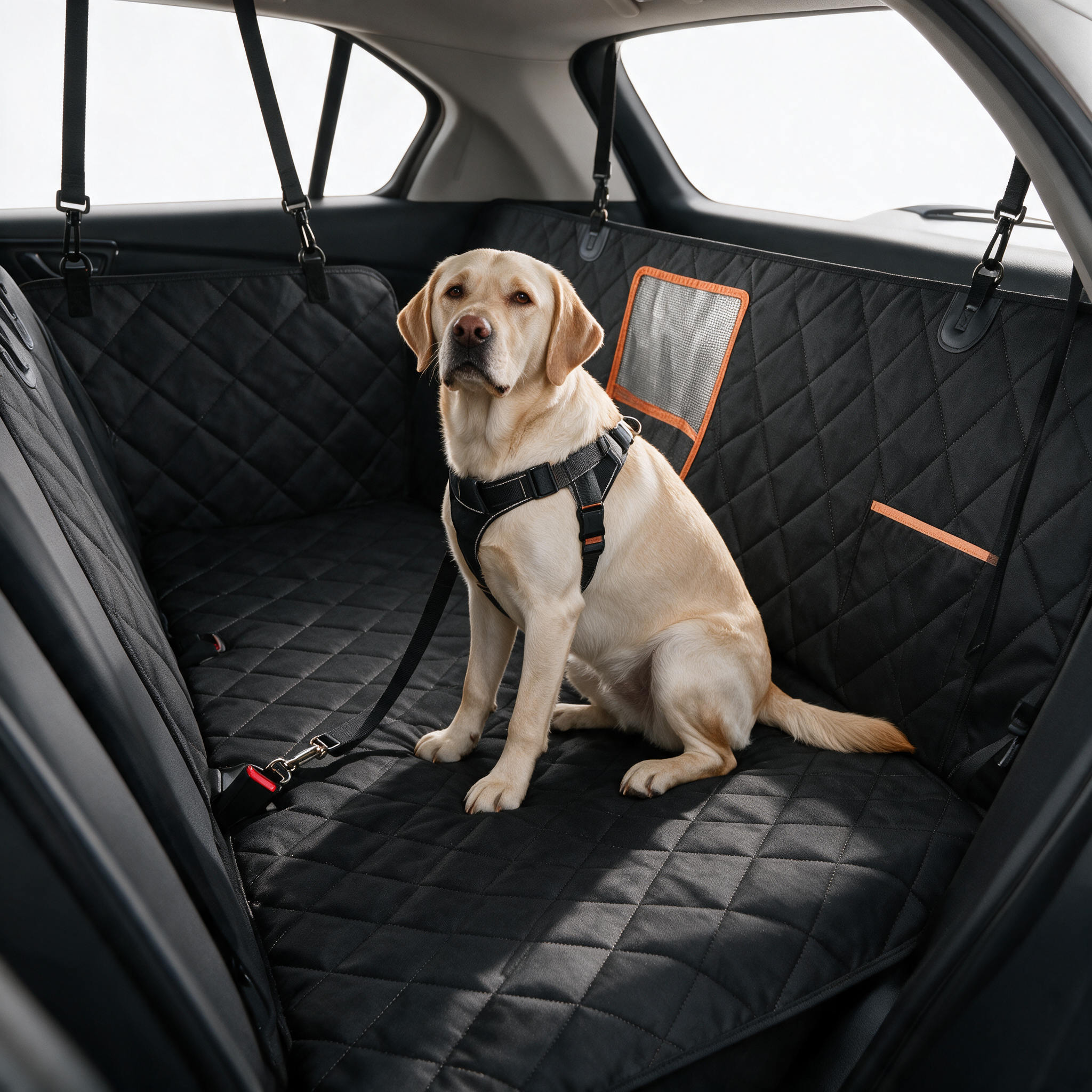 Dog secured by a harness tether while sitting on the waterproof car hammock