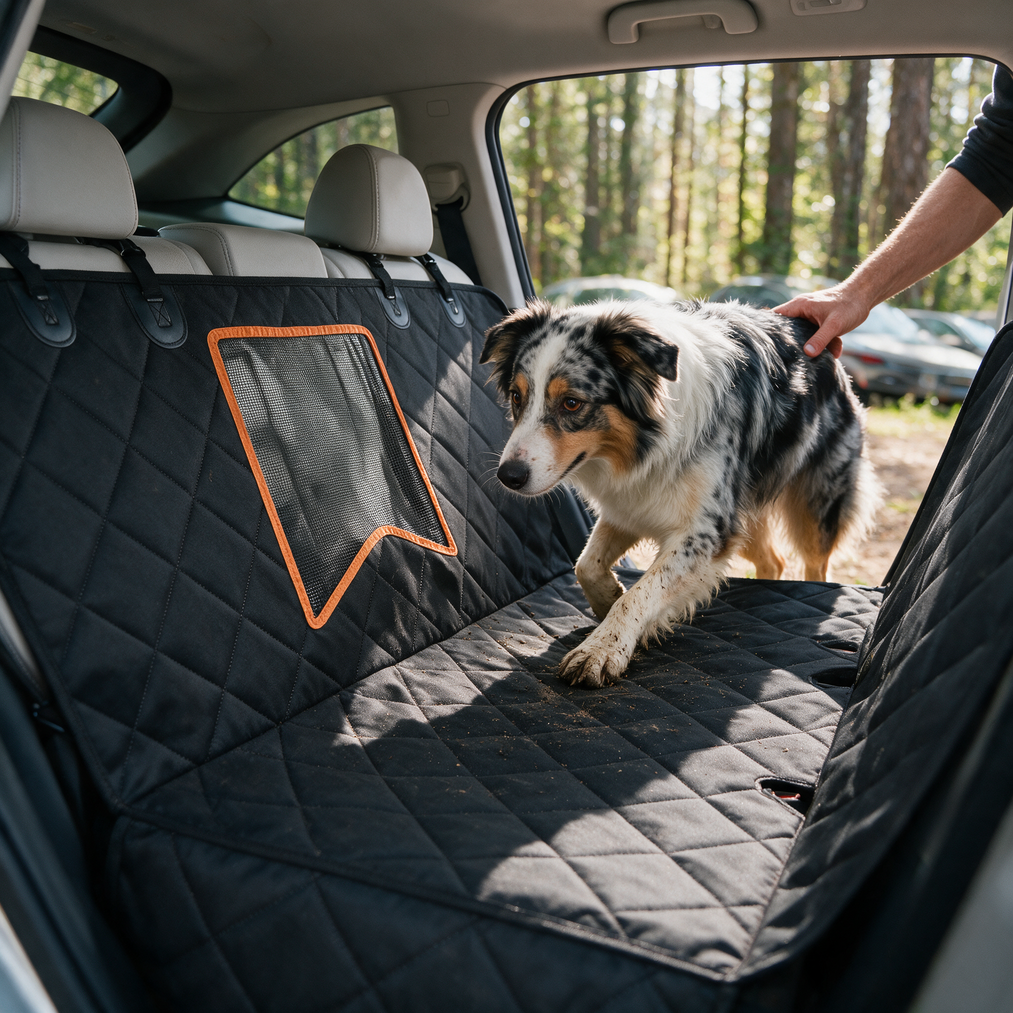 Dog entering a car after a trail walk onto the waterproof dog car hammock